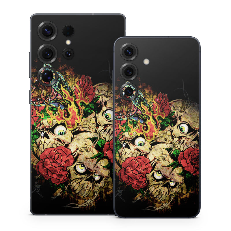 Samsung Galaxy S25 Series Skin design of Illustration, Bouquet, Art, Skull, Plant, Rose, Flower, Graphic design, Fictional character, Floral design, with black, red, green, gray colors