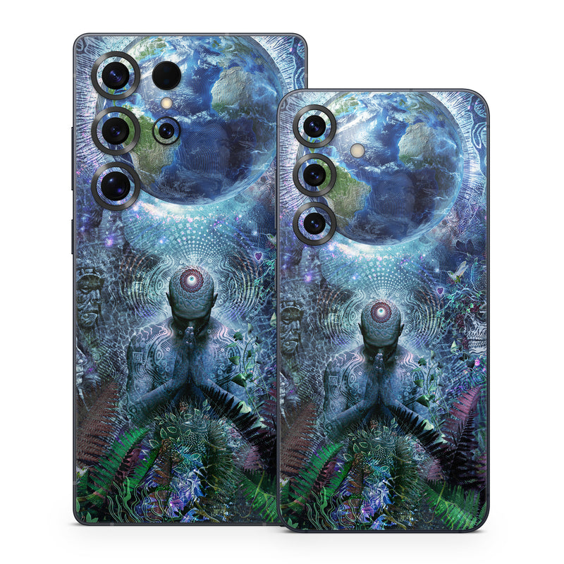 Samsung Galaxy S25 Series Skin design of Psychedelic art, Fractal art, Art, Space, Organism, Earth, Sphere, Graphic design, Circle, Graphics, with blue, green, gray, purple, pink, black, white colors