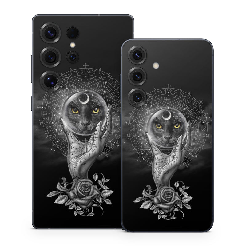 Samsung Galaxy S25 Series Skin design of Head, Eye, Flash photography, Painting, Headgear, Art, Font, Snout, Darkness, Owl, with black, white, gray colors