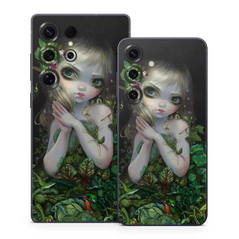 Samsung Galaxy S25 Series Skin design of Green, Doll, Fictional character, Lip, Plant, Supervillain, Flower, Illustration, Ivy, Fawn, with black, white, green, red colors