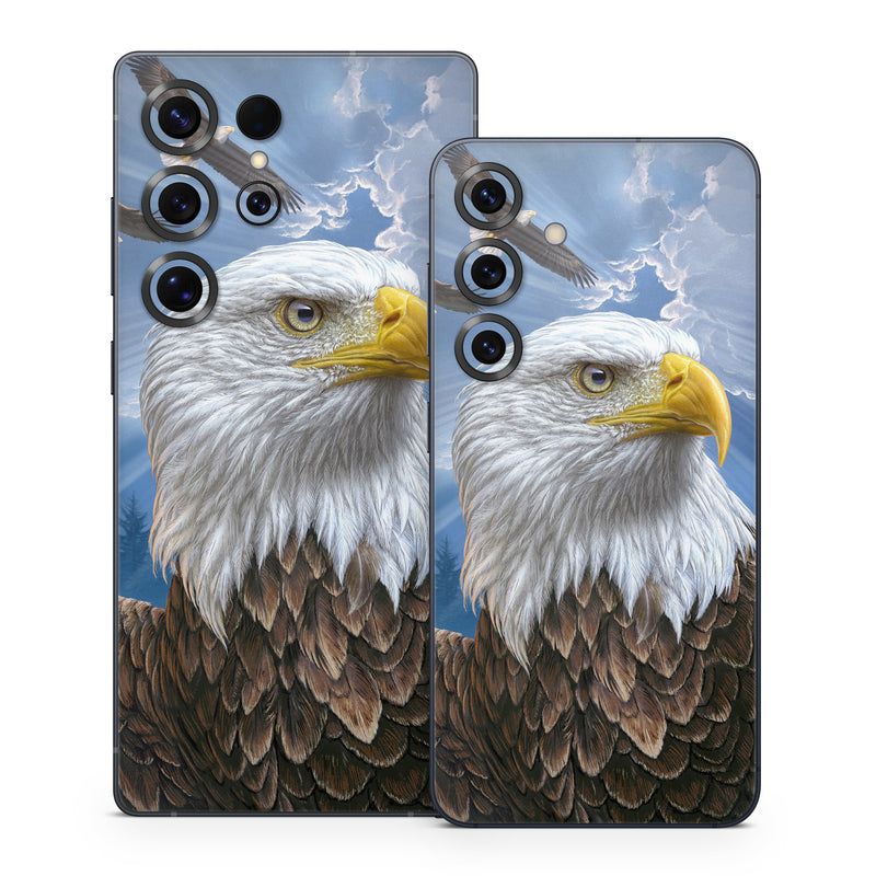 Samsung Galaxy S25 Series Skin design of Bird, Bald eagle, Bird of prey, Vertebrate, Accipitriformes, Accipitridae, Eagle, Nature, Beak, Kite, with blue, brown, white, yellow colors