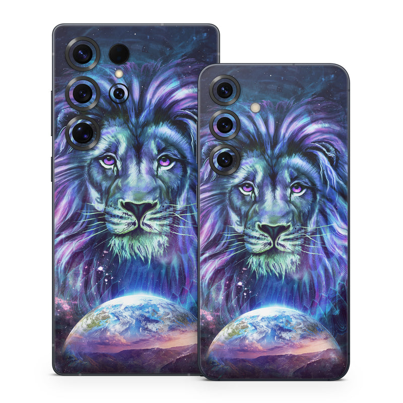 Samsung Galaxy S25 Series Skin design of Lion, Felidae, Purple, Wildlife, Big cats, Illustration, Darkness, Space, Painting, Art, with purple, blue, green, black, white, red colors