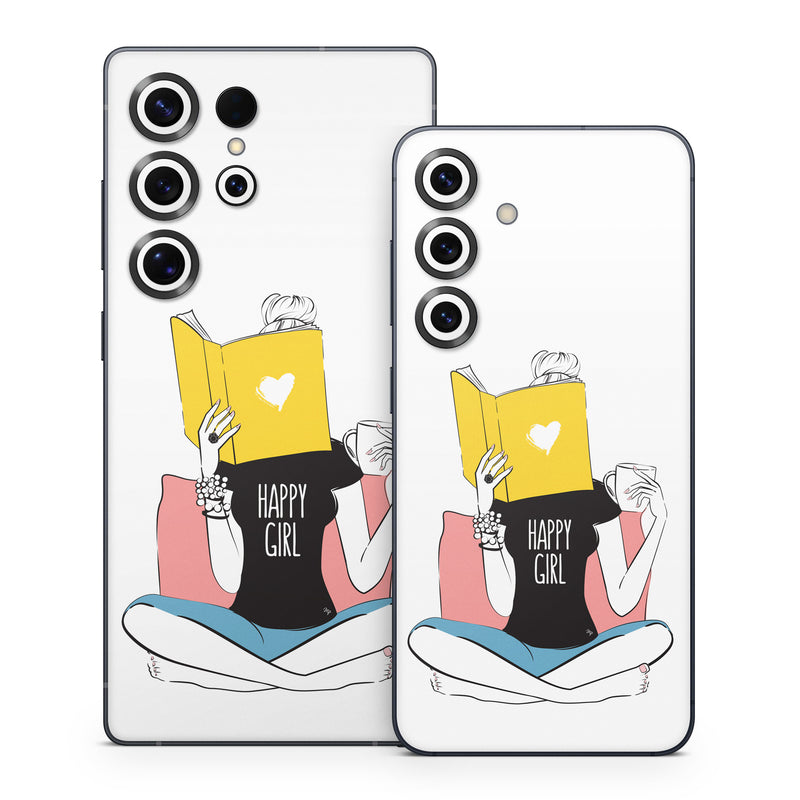 Samsung Galaxy S25 Series Skin design of White, Sleeve, Gesture, Cartoon, Comfort, Elbow, Font, Graphics, Knee, Art, with white, black, blue, pink, yellow colors