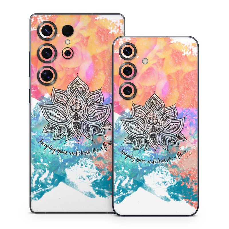 Samsung Galaxy S25 Series Skin design of Pink, Leaf, Pattern, Design, Graphic design, Illustration, Symmetry, Visual arts, Art, Plant, with orange, yellow, red, blue, green, black colors