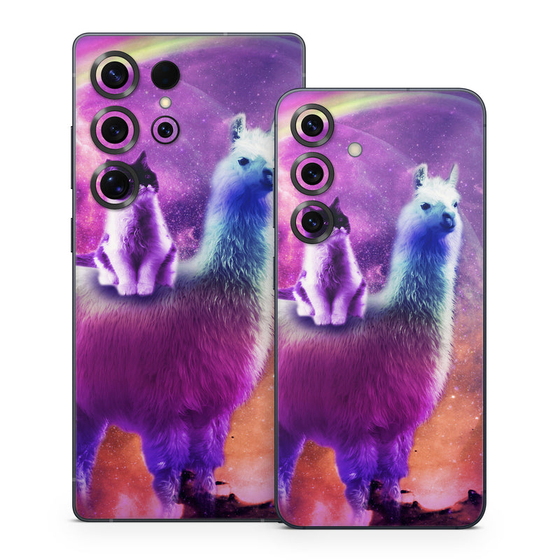 Samsung Galaxy S25 Series Skin design of Llama, Purple, Camelid, Alpaca, Sky, Livestock, Space, with purple, white, blue, pink, yellow, black colors