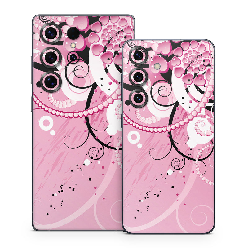 Samsung Galaxy S25 Series Skin design of Pink, Floral design, Graphic design, Text, Design, Flower Arranging, Pattern, Illustration, Flower, Floristry, with pink, gray, black, white, purple, red colors