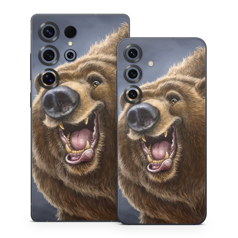 Samsung Galaxy S25 Series Skin design of Brown bear, Kodiak bear, Carnivore, Grizzly bear, Terrestrial animal, Snout, Bear, Whiskers, Fur, Fang, with brown, black, white, pink, gray colors