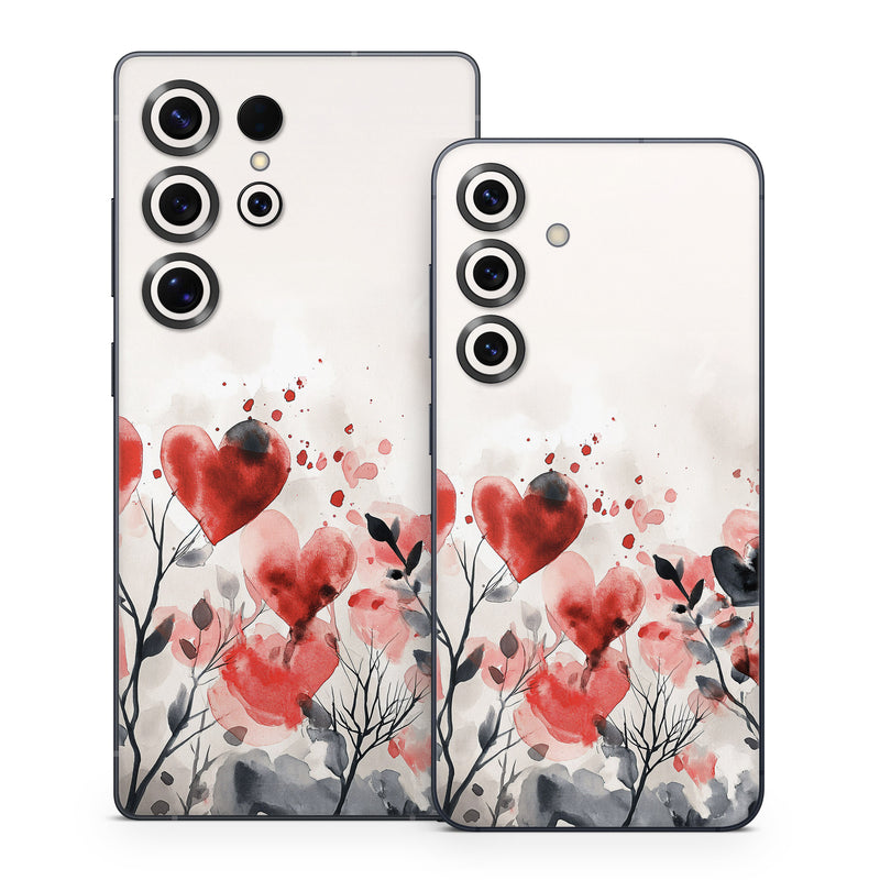 Samsung Galaxy S25 Series Skin design of Flower, Plant, Petal, Sky, Natural landscape, Twig, Tree, Art, Painting, Flowering plant, with white, black, gray, red, pink colors
