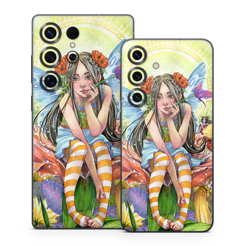 Samsung Galaxy S25 Series Skin design of Fictional character, Illustration, Art, Plant, Painting, Wildflower, Mythical creature, with gray, green, black, yellow, red colors