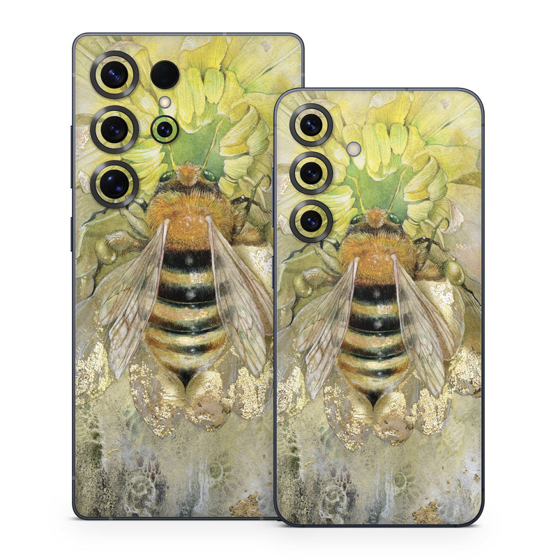 Samsung Galaxy S25 Series Skin design of Honeybee, Insect, Bee, Membrane-winged insect, Invertebrate, Pest, Watercolor paint, Pollinator, Illustration, Organism, with yellow, orange, black, green, gray, pink colors