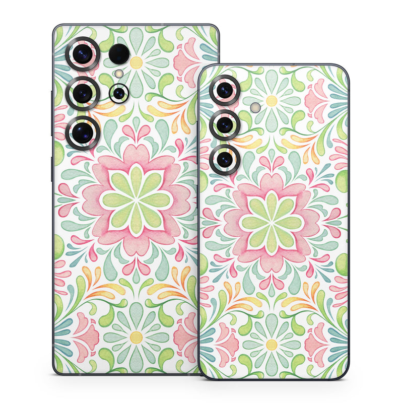 Samsung Galaxy S25 Series Skin design of Pattern, Pink, Visual arts, Design, Textile, Wrapping paper, Symmetry, Floral design, Motif, with gray, white, pink, green colors