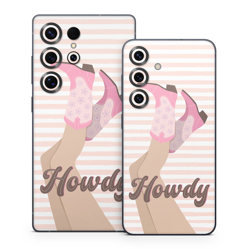 Samsung Galaxy S25 Series Skin design of Hand, Glove, Sleeve, Gesture, Font, Finger, Pink, Material property, Waist, Thumb, with pink, white, brown colors