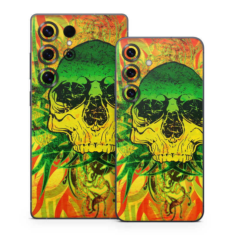 Samsung Galaxy S25 Series Skin design of Psychedelic art, Skull, Illustration, Bone, Art, Graphic design, Visual arts, Poster, Plant, Painting, with green, orange, black, red colors