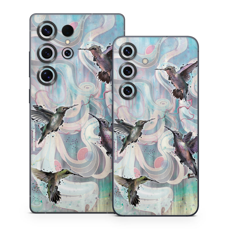 Samsung Galaxy S25 Series Skin design of Bird, Watercolor paint, Illustration, Hummingbird, Painting, Art, Wing, Fictional character, Acrylic paint, Perching bird, with gray, blue, black colors