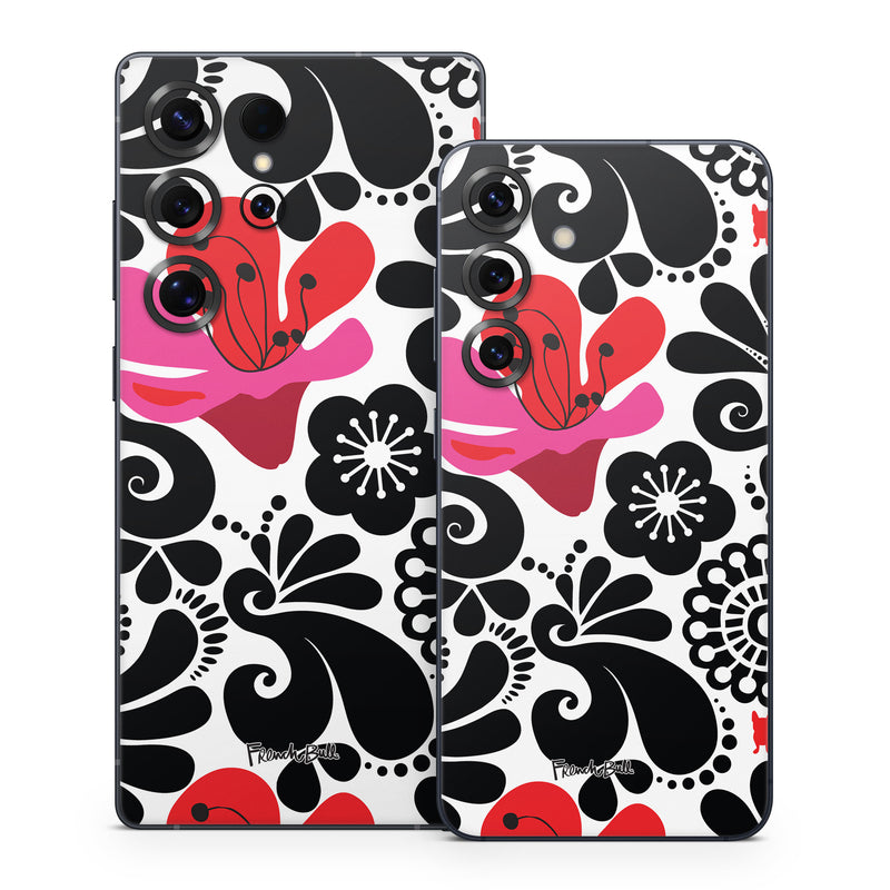 Samsung Galaxy S25 Series Skin design of White, Product, Green, Botany, Petal, Textile, Pink, Creative arts, Line, Magenta, with black, white, pink, red colors