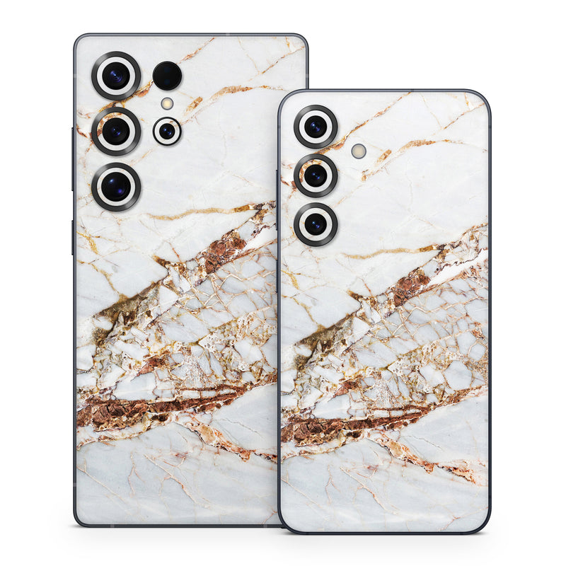 Samsung Galaxy S25 Series Skin design of White, Branch, Twig, Beige, Marble, Plant, Tile, with white, gray, yellow colors