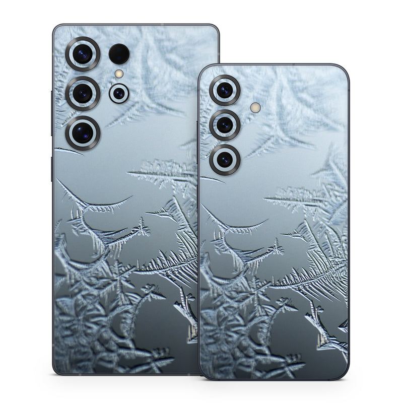 Samsung Galaxy S25 Series Skin design of Water, Frost, Freezing, Winter, Pattern, Ice, Sky, Atmosphere, Design, Reflection, with blue, gray, white, black colors