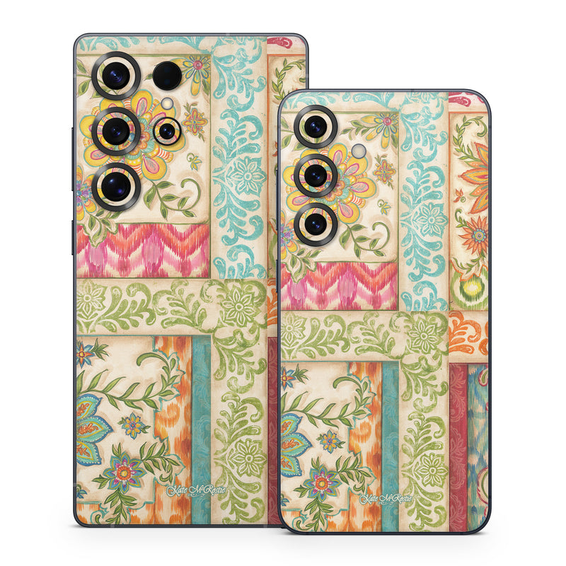Samsung Galaxy S25 Series Skin design of Flower, Rectangle, Plant, Botany, Textile, Aqua, Art, Pattern, Symmetry, Motif, with red, orange, green, blue, pink, yellow colors