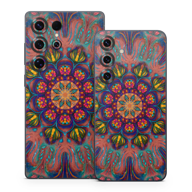 Samsung Galaxy S25 Series Skin design of Psychedelic art, Pattern, Art, Textile, Symmetry, Visual arts, Design, Fractal art, Kaleidoscope, Tapestry, with blue, yellow, red, green, pink, green colors