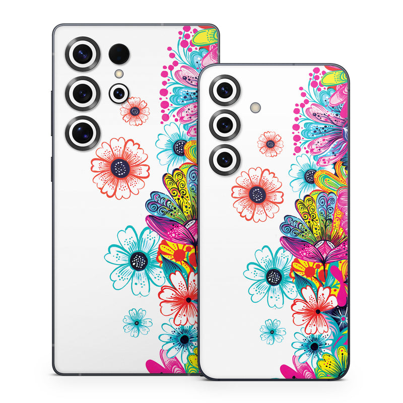 Samsung Galaxy S25 Series Skin design of Pattern, Floral design, Design, Graphic design, Flower, Wildflower, Plant, Graphics, Clip art, Visual arts, with white, pink, blue, yellow, purple, red colors