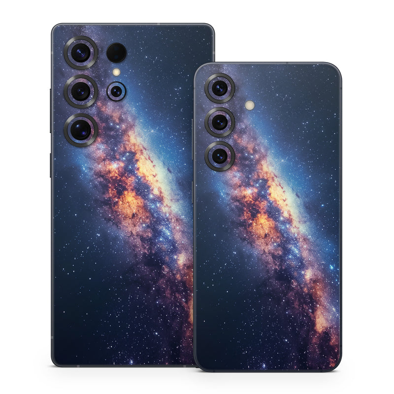 Samsung Galaxy S25 Series Skin design of Atmosphere, Sky, Nature, World, Nebula, Galaxy, Astronomical object, Atmospheric phenomenon, Milky way, Star, with black, blue, white, yellow, orange, red, purple, gray colors
