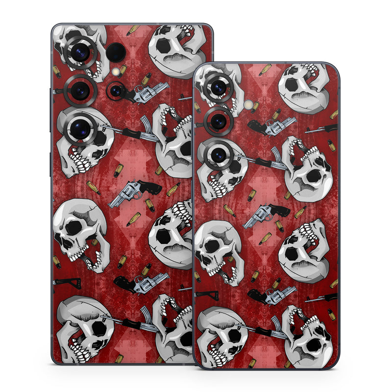 Samsung Galaxy S25 Series Skin design of Skull, Red, Bone, Personal protective equipment, Skeleton, Mask, Font, Sports gear, Headgear, Pattern, with black, red, gray colors