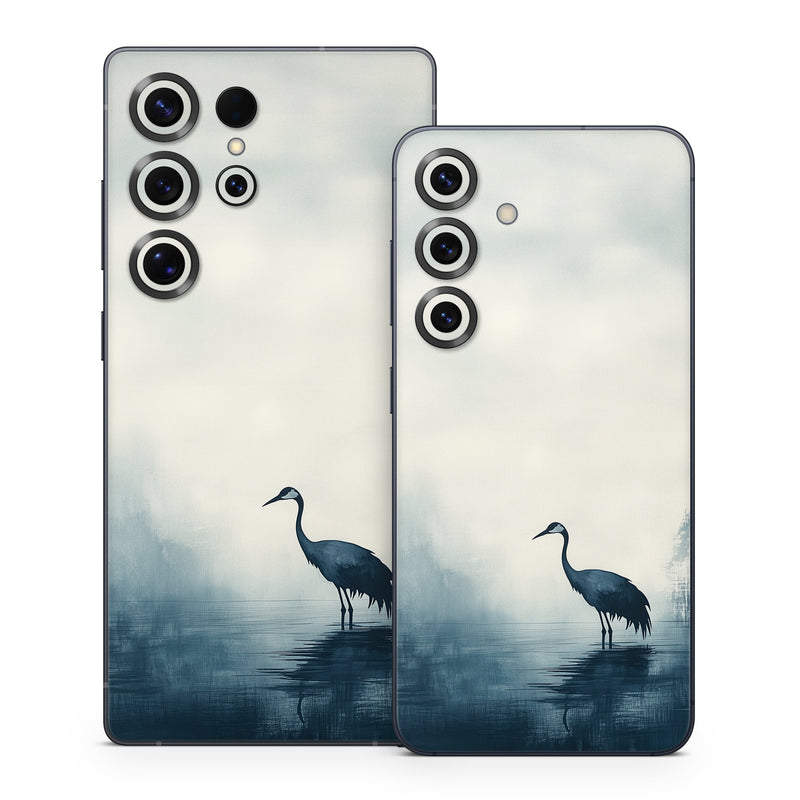 Samsung Galaxy S25 Series Skin design of Bird, Water, Beak, Feather, Natural landscape, Pelecaniformes, Sky, Wing, Water bird, Heron, with black, blue, white, gray colors