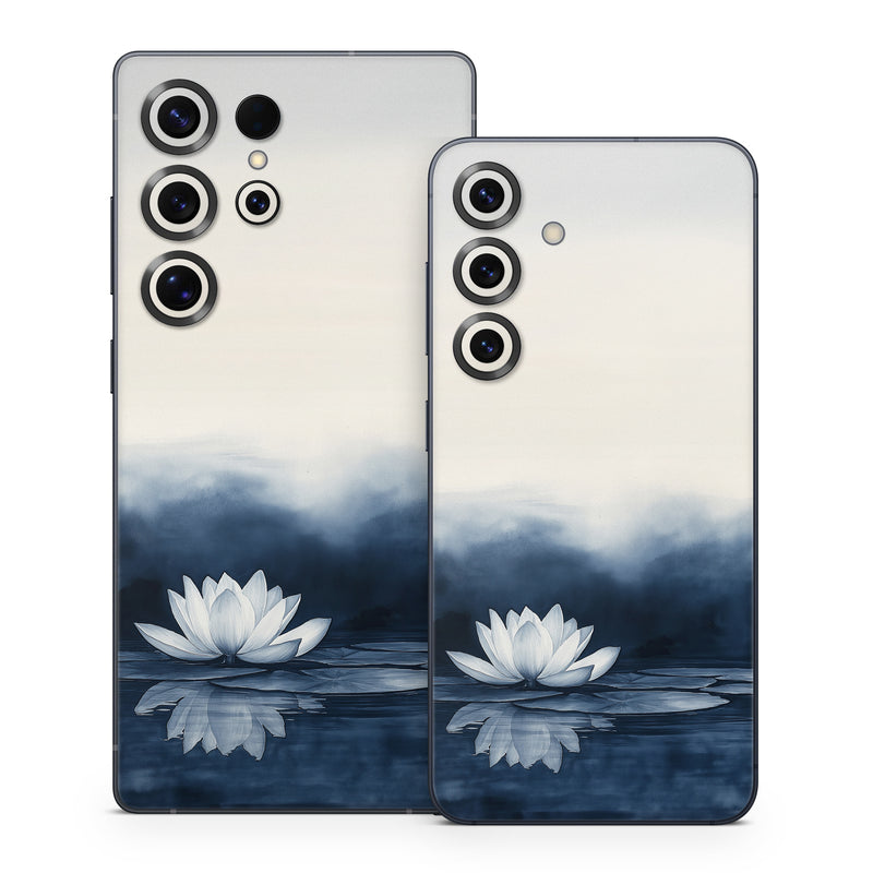 Samsung Galaxy S25 Series Skin design of Water, Flower, Plant, Liquid, Lotus, Sky, Nature, Petal, Fluid, Sacred lotus, with black, blue, white, gray colors