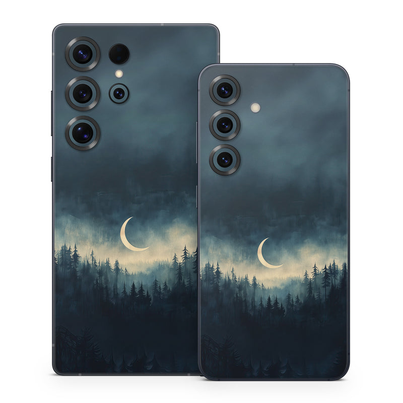 Samsung Galaxy S25 Series Skin design of Cloud, Sky, Atmosphere, Moon, Ecoregion, Crescent, Natural landscape, Tree, Plant, Dusk, with black, blue, white, gray colors