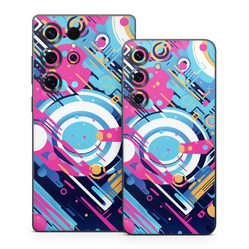 Samsung Galaxy S25 Series Skin design of Colorfulness, Font, Line, Material property, Art, Magenta, Pattern, Electric blue, Circle, Graphics, with blue, pink, black, white, orange colors