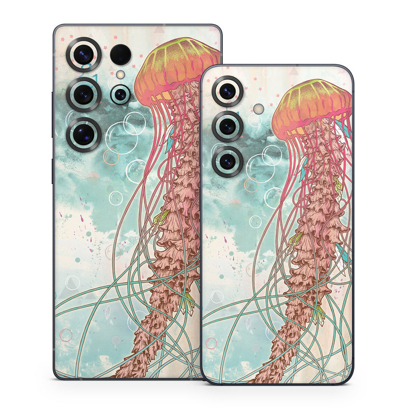 Samsung Galaxy S25 Series Skin design of Jellyfish, Illustration, Water, Cnidaria, Marine invertebrates, Organism, Portuguese man o' war, Art, Nepenthes, Invertebrate, with gray, pink, yellow, red, green colors