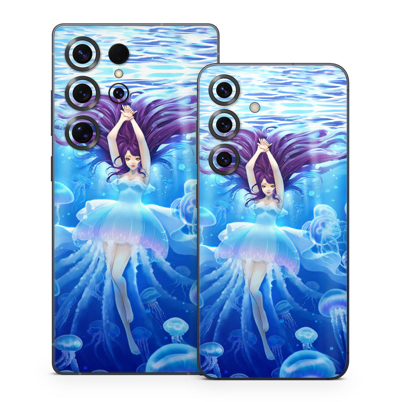 Samsung Galaxy S25 Series Skin design of Jellyfish, Cnidaria, Organism, Marine biology, Marine invertebrates, Water, Bioluminescence, Illustration, Electric blue, Fictional character, with blue, purple, gray colors