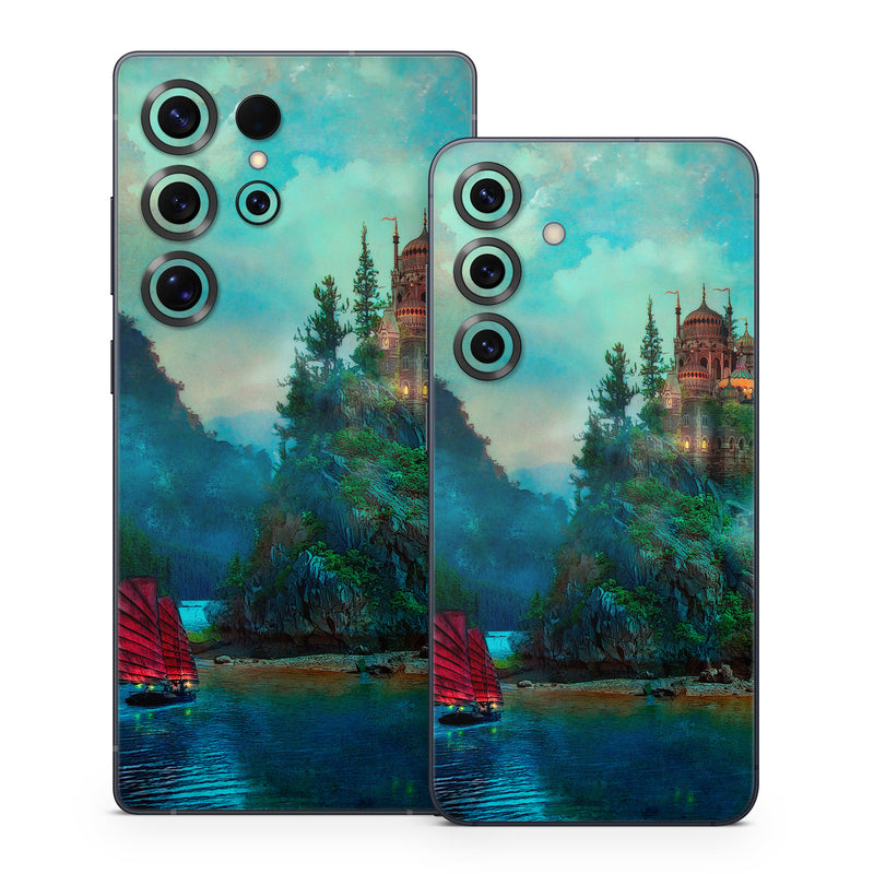 Samsung Galaxy S25 Series Skin design of Nature, Natural landscape, Sky, Painting, Landscape, Illustration, Watercolor paint, Art, Calm, Water castle, with black, gray, blue, green colors