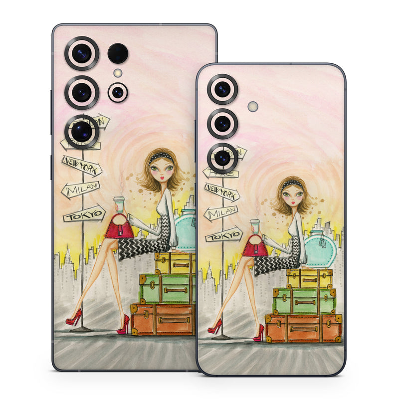 Samsung Galaxy S25 Series Skin design of Cartoon, Illustration, Art, Watercolor paint, with gray, pink, green, red, black colors