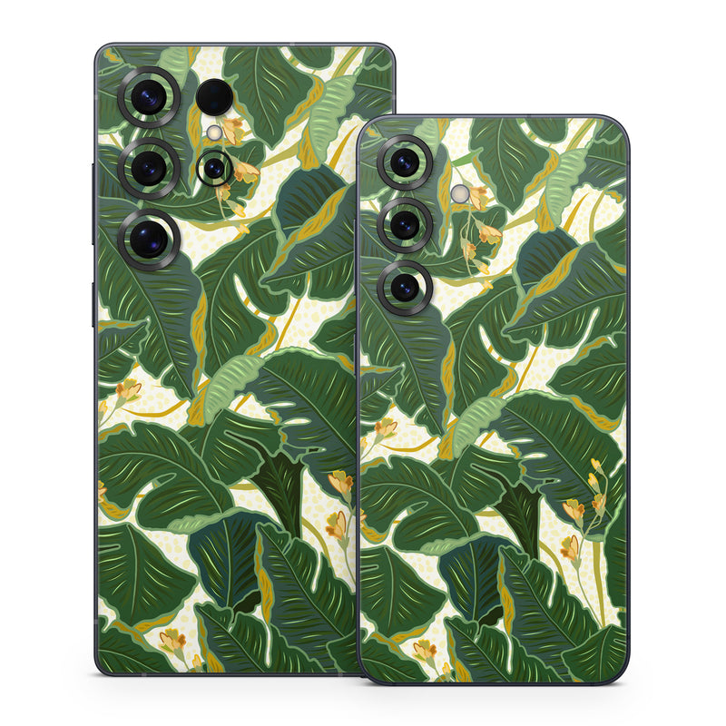 Samsung Galaxy S25 Series Skin design of Leaf, Plant, Flower, Pattern, Botany, Tree, Design, Flowering plant, Arrowroot family, Terrestrial plant, with green, yellow colors