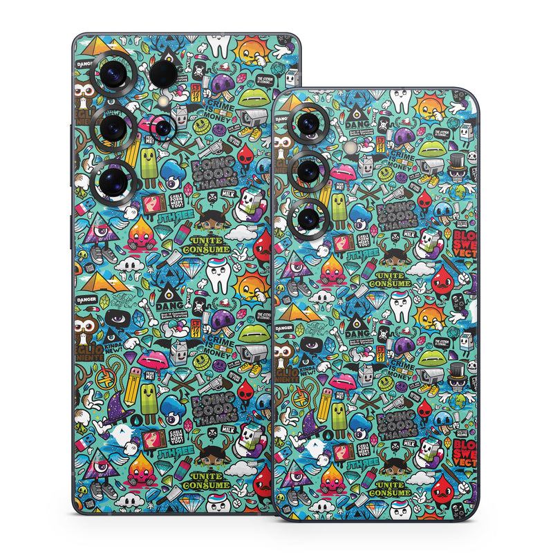 Samsung Galaxy S25 Series Skin design of Cartoon, Art, Pattern, Design, Illustration, Visual arts, Doodle, Psychedelic art, with black, blue, gray, red, green colors
