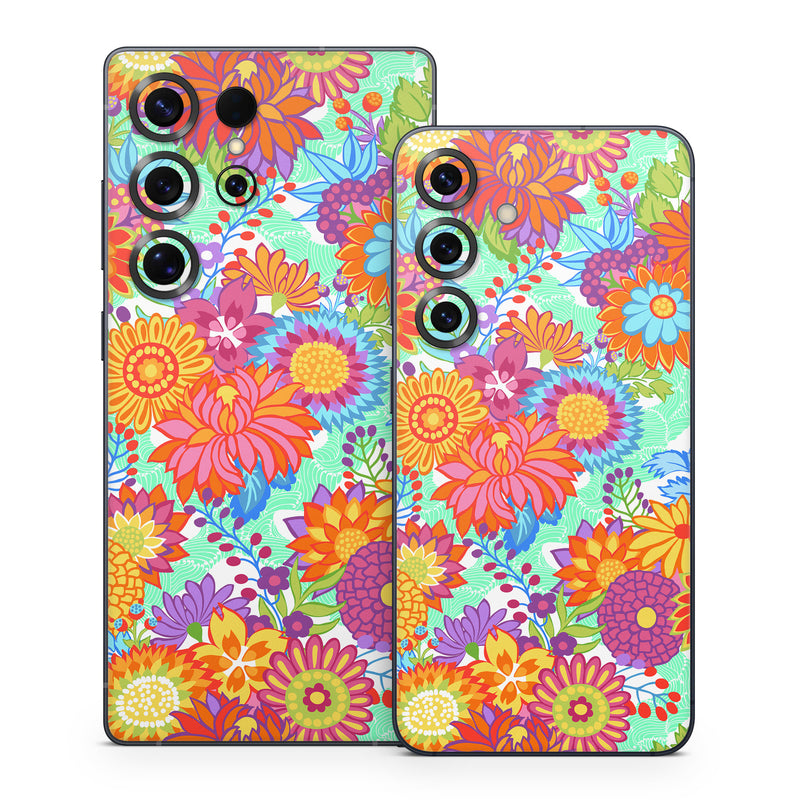 Samsung Galaxy S25 Series Skin design of Pattern, Floral design, Orange, Flower, Design, Textile, Plant, Wildflower, Wrapping paper, Visual arts, with gray, orange, green, purple colors