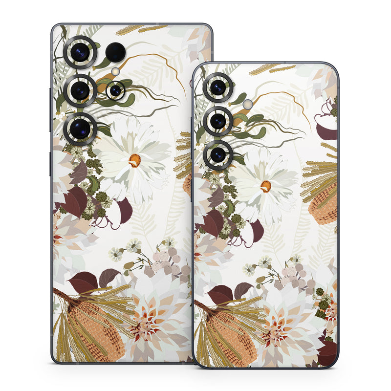 Samsung Galaxy S25 Series Skin design of Flower, Botany, Plant, Floral design, Wildflower, Pattern, Wallpaper, Textile, Petal, Butterfly, with white, brown, green, gray colors