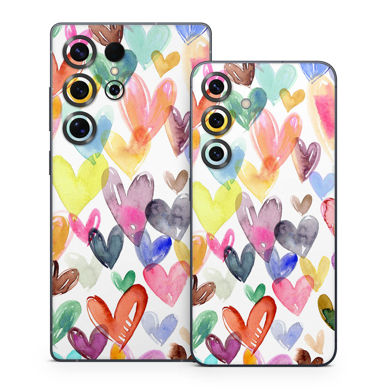 Samsung Galaxy S25 Series Skin design of Heart, Pink, Graphics, Watercolor painting, Paint, Love, Valentine's Day, Wrapping Paper, with white, green, blue, red, orange, yellow, green, purple, black, gray colors