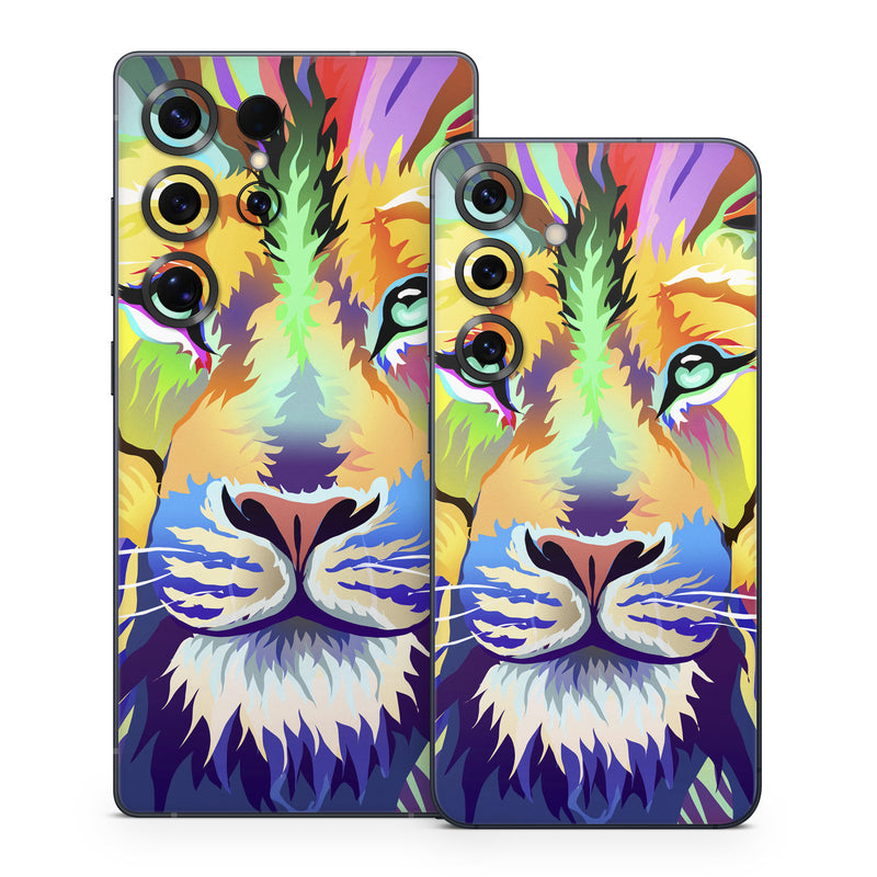 Samsung Galaxy S25 Series Skin design of Bengal tiger, Felidae, Lion, Wildlife, Big cats, Tiger, Carnivore, Art, Illustration, Painting, with orange, yellow, green, red, pink, blue, purple colors