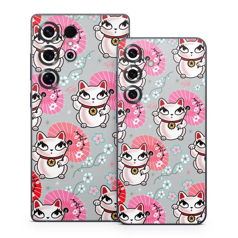 Samsung Galaxy S25 Series Skin design of Pink, Red, Cartoon, Design, Line, Textile, Pattern, Illustration, Smile, Fictional character, with white, red, pink, gray, blue, black colors