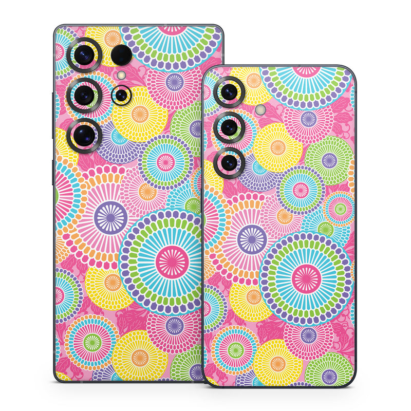 Samsung Galaxy S25 Series Skin design of Pattern, Circle, Textile, Design, Visual arts, Wrapping paper, with gray, pink, purple, orange, blue, green colors