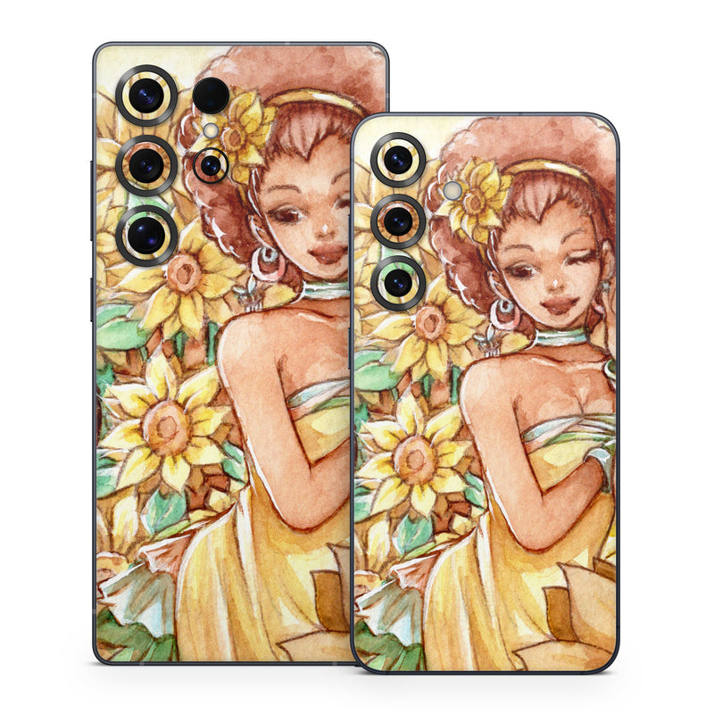 Samsung Galaxy S25 Series Skin design of Painting, Illustration, Art, Fictional character, Plant, Flower, Clip art, with yellow, orange, brown, green colors