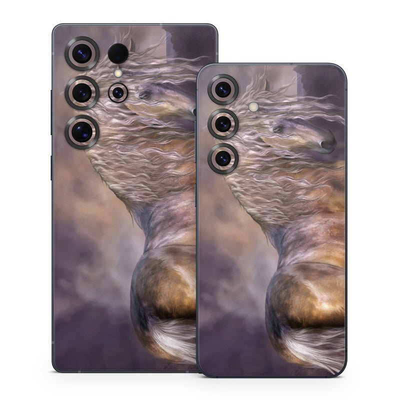 Samsung Galaxy S25 Series Skin design of Horse, Mane, Stallion, Mustang horse, Fictional character, Mare, Painting, Wildlife, Mythical creature, with black, gray, red, blue, green colors