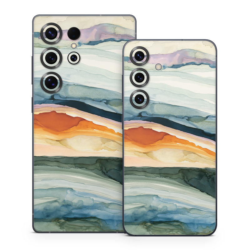 Samsung Galaxy S25 Series Skin design of Watercolor paint, Painting, Sky, Wave, Geology, Landscape, Pattern, Acrylic paint, Cloud, Paint, with blue, purple, orange, yellow, red, green, brown colors