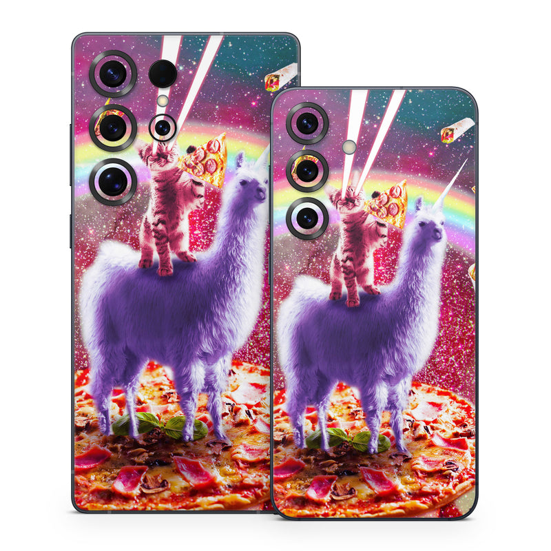 Samsung Galaxy S25 Series Skin design of Llama, Unicorn, Fictional character, Illustration, Graphic design, Livestock, Camelid, Mythical creature, Graphics, Art, with red, white, yellow, gray, purple, blue, green colors