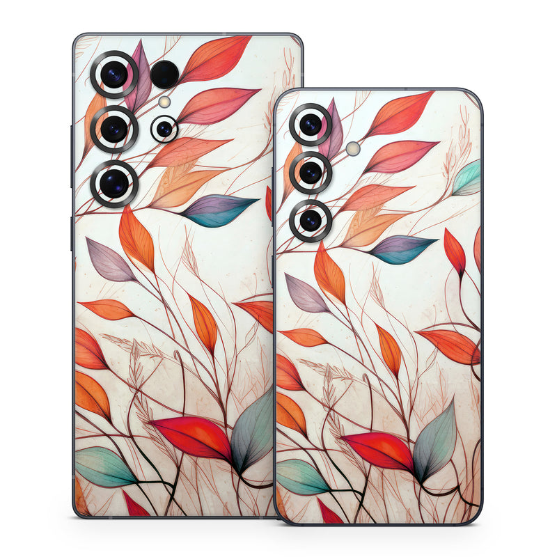 Samsung Galaxy S25 Series Skin design of Plant, Vertebrate, Art paint, Nature, Botany, Leaf, Branch, Twig, Textile, Orange, with yellow, orange, red, white, brown, blue colors