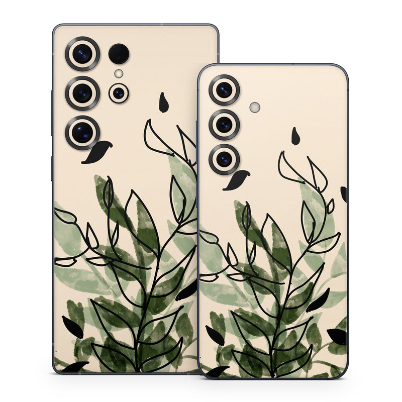 Samsung Galaxy S25 Series Skin design of Leaf, Plant, Botany, Branch, Flower, Plant Stem, Pedicel, Twig, Illustration, with green, black, brown colors
