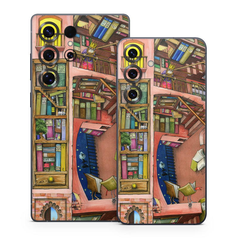 Samsung Galaxy S25 Series Skin design of Cartoon, Building, Art, Architecture, Design, Fun, Retail, Illustration, Neighbourhood, Room, with pink, yellow, blue, red, orange, brown colors