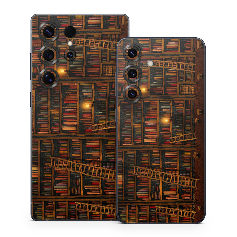 Samsung Galaxy S25 Series Skin design of Shelving, Library, Bookcase, Shelf, Furniture, Book, Building, Publication, Room, Darkness, with black, red colors